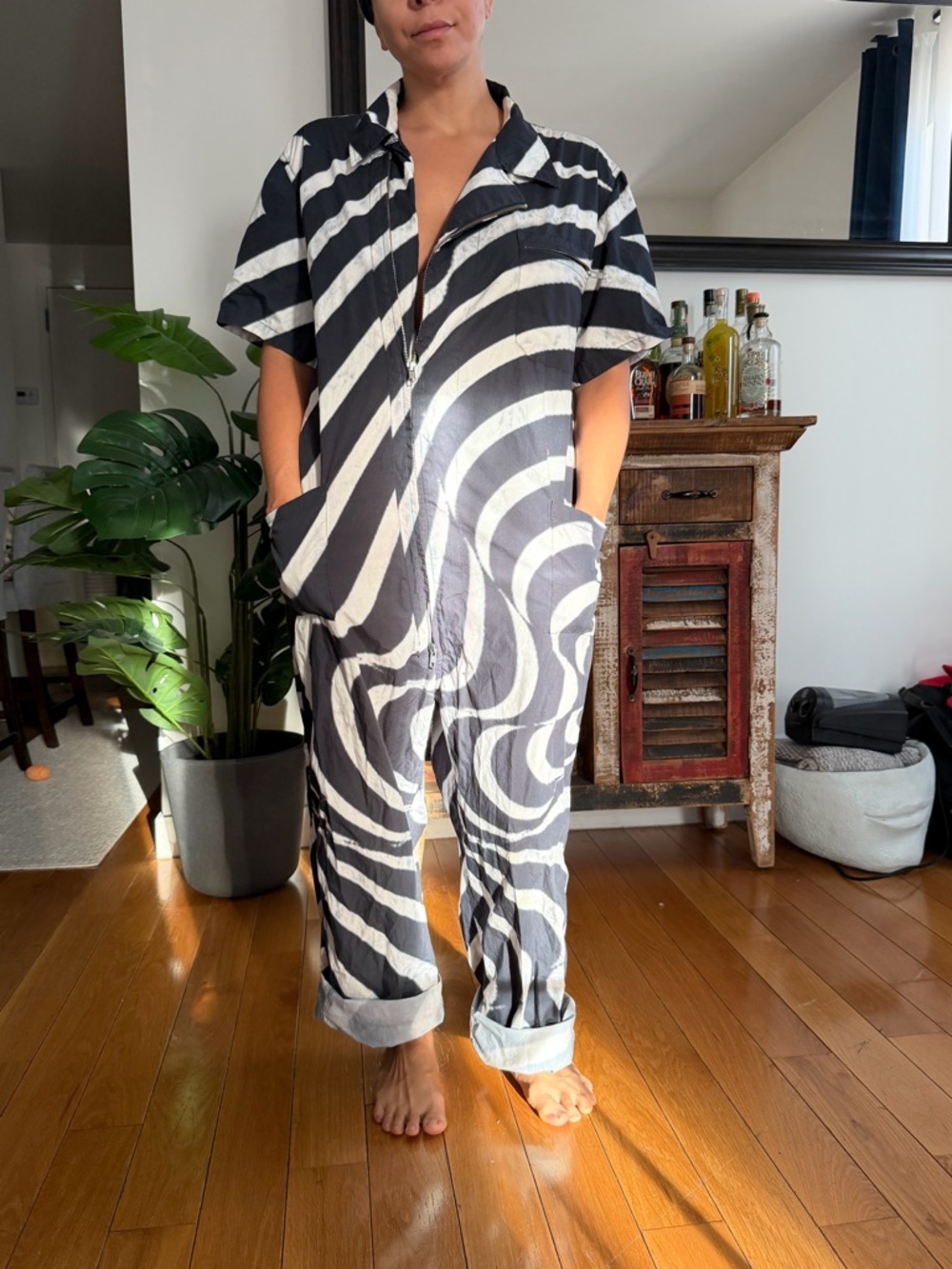 Black & White Swirl Short-Sleeve Zip Jumpsuit